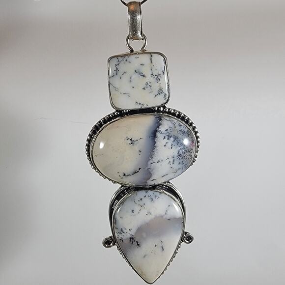 Dendritic Opal Pendant Necklace – Triple Stone Design + 20" Sterling Chain - Picture 2 of 10
